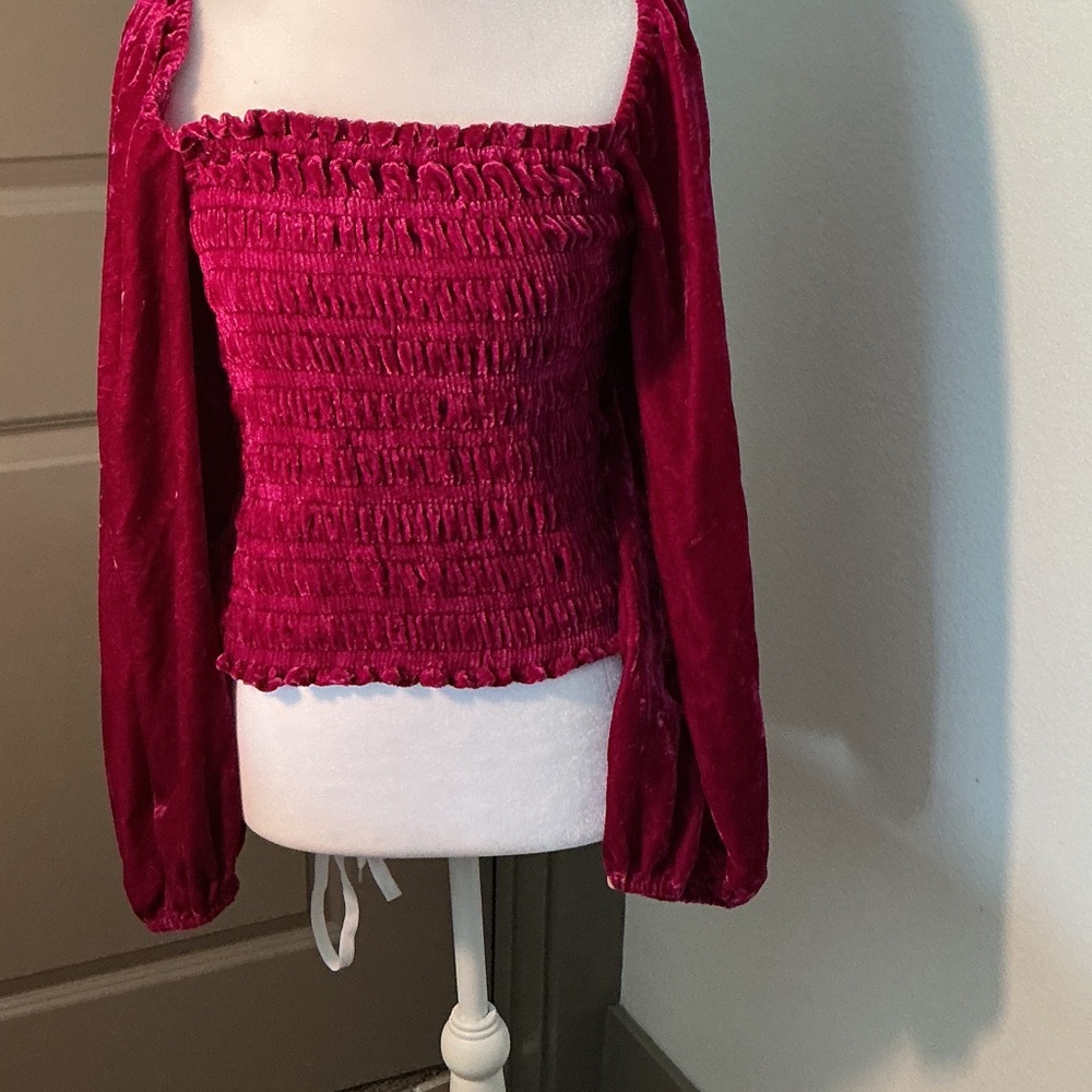 Anthropologie Elegant Red/Pink Velour Smocked Women's Top Sz Large